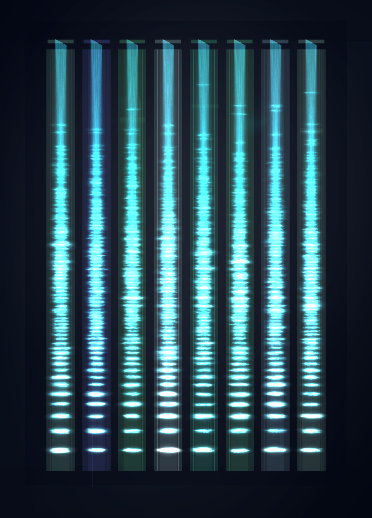 Luminous banded artwork rendered from a genome file, styled after electrophoresis imagery